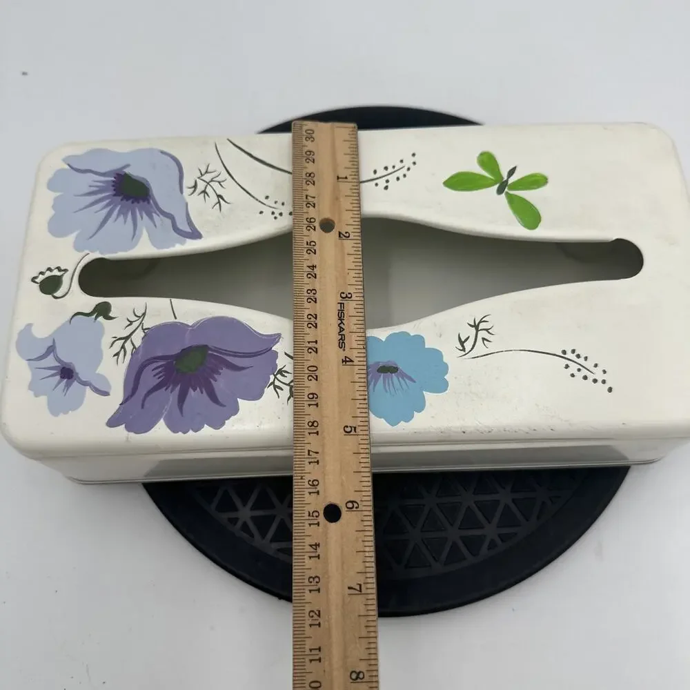 Vintage Ransburg 1950s Retro Hand Painted Blue Purple Floral Metal Tissue Box